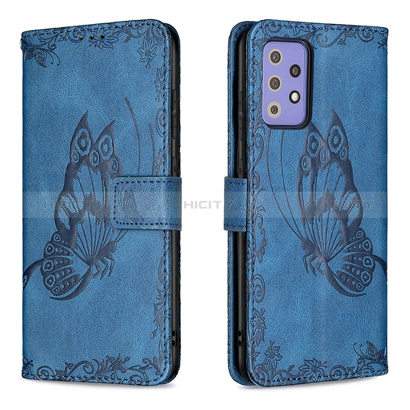 Leather Case Stands Butterfly Flip Cover Holder B02F for Samsung Galaxy A72 4G Blue