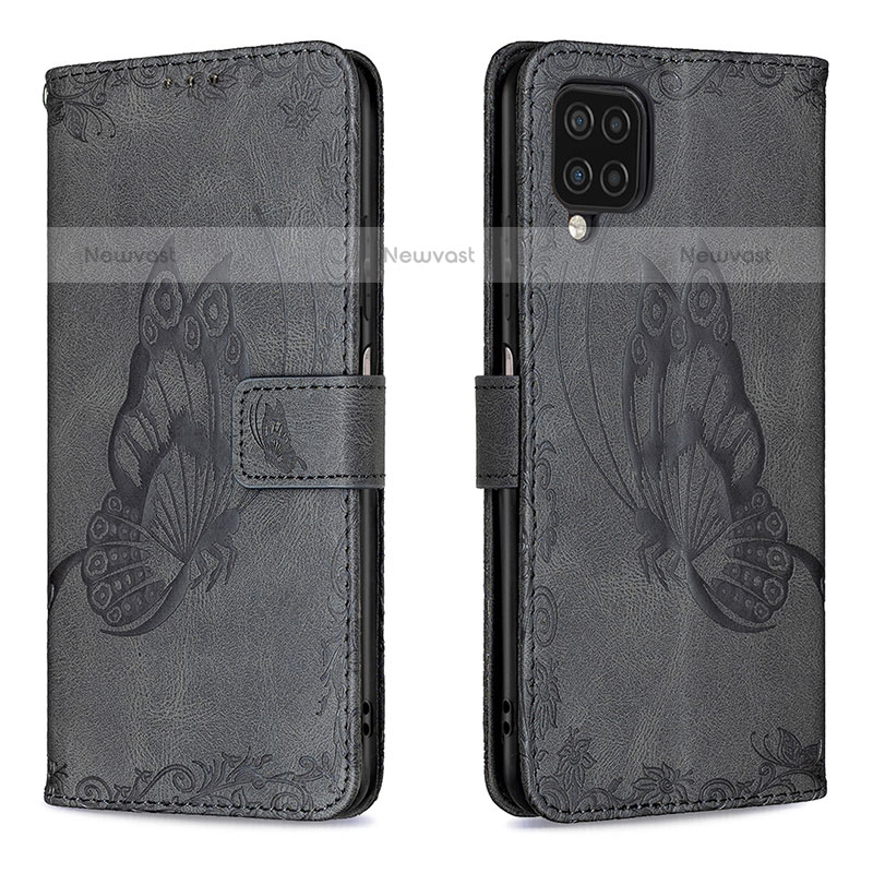 Leather Case Stands Butterfly Flip Cover Holder B02F for Samsung Galaxy F12 Black