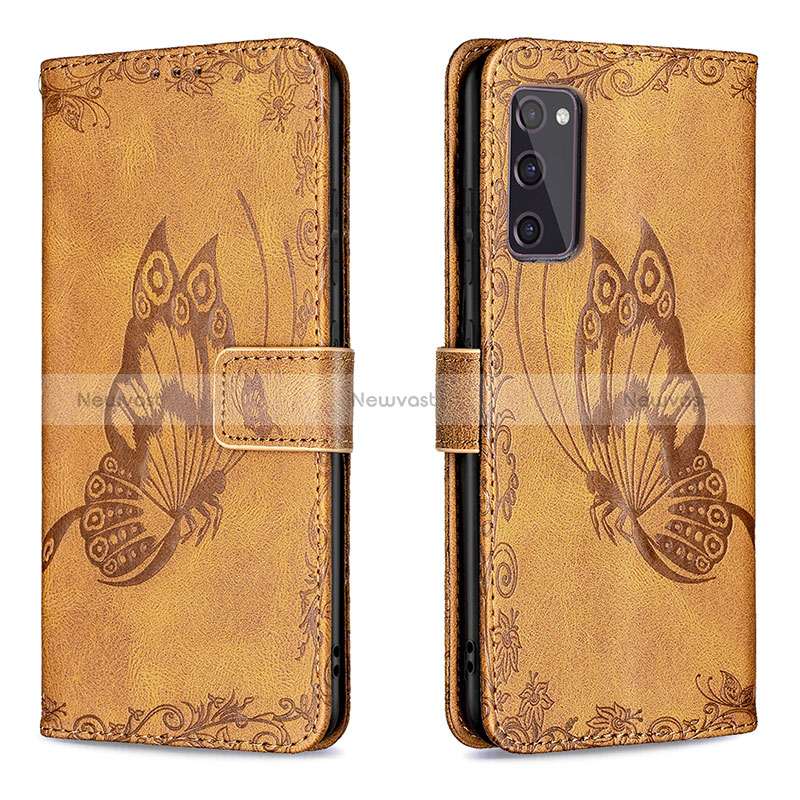 Leather Case Stands Butterfly Flip Cover Holder B02F for Samsung Galaxy S20 FE 5G Brown