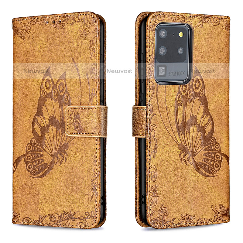 Leather Case Stands Butterfly Flip Cover Holder B02F for Samsung Galaxy S20 Ultra 5G Brown