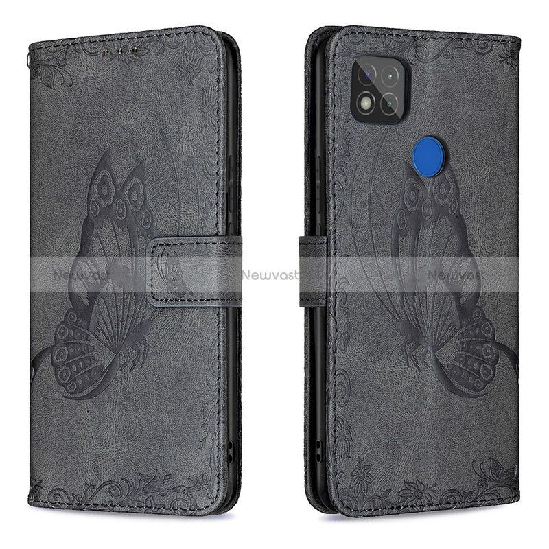 Leather Case Stands Butterfly Flip Cover Holder B02F for Xiaomi POCO C3 Black