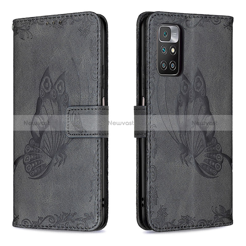 Leather Case Stands Butterfly Flip Cover Holder B02F for Xiaomi Redmi 10 (2022) Black