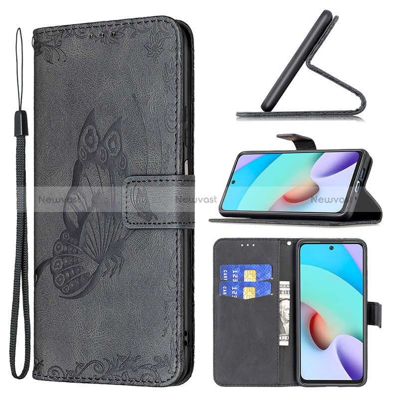 Leather Case Stands Butterfly Flip Cover Holder B02F for Xiaomi Redmi 10 4G