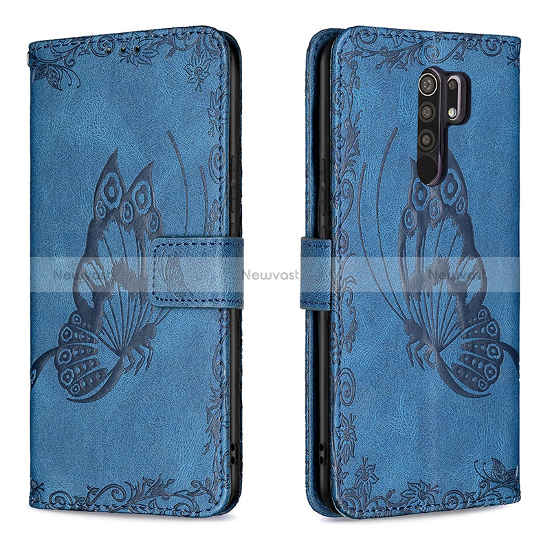 Leather Case Stands Butterfly Flip Cover Holder B02F for Xiaomi Redmi 9 Prime India Blue