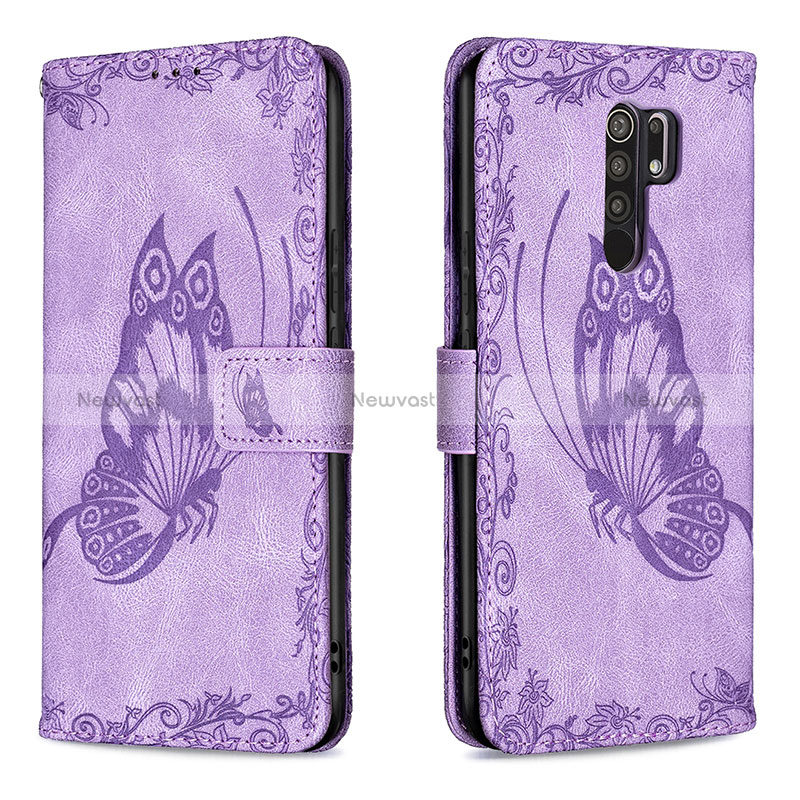 Leather Case Stands Butterfly Flip Cover Holder B02F for Xiaomi Redmi 9 Prime India Clove Purple