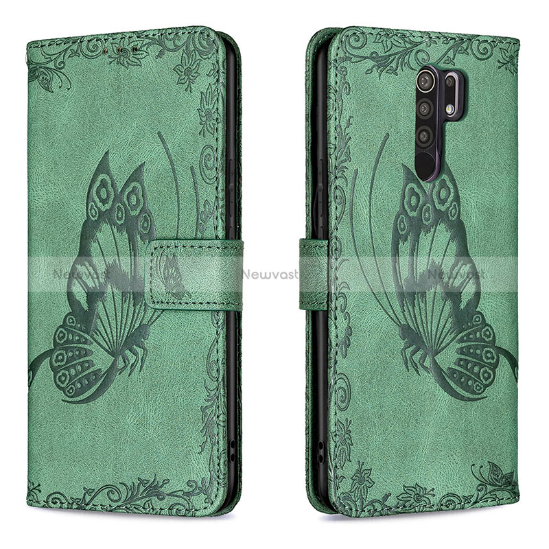 Leather Case Stands Butterfly Flip Cover Holder B02F for Xiaomi Redmi 9 Prime India Green