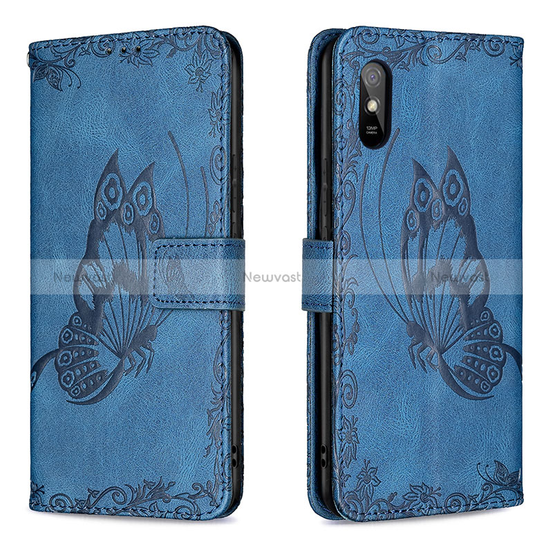 Leather Case Stands Butterfly Flip Cover Holder B02F for Xiaomi Redmi 9A Blue