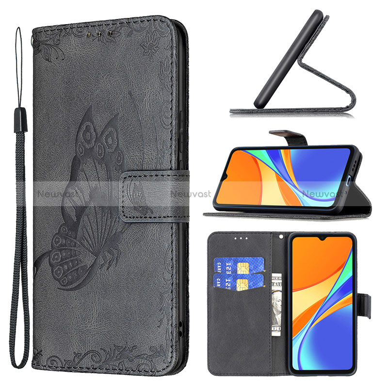 Leather Case Stands Butterfly Flip Cover Holder B02F for Xiaomi Redmi 9C NFC