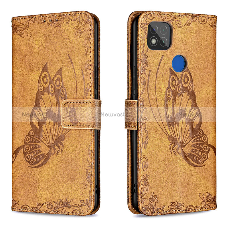 Leather Case Stands Butterfly Flip Cover Holder B02F for Xiaomi Redmi 9C NFC Brown