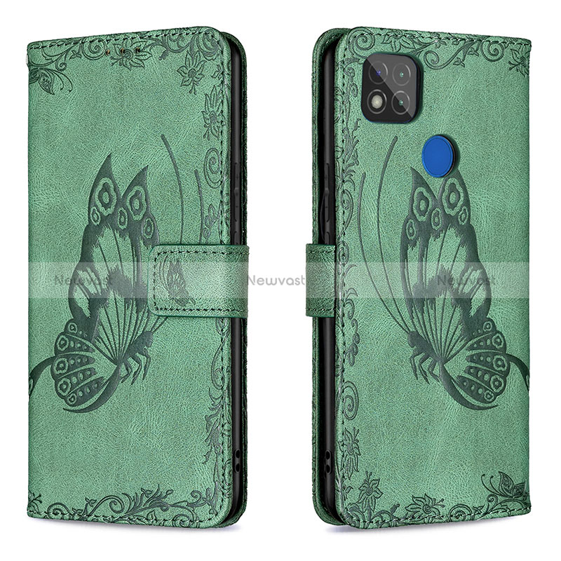 Leather Case Stands Butterfly Flip Cover Holder B02F for Xiaomi Redmi 9C NFC Green