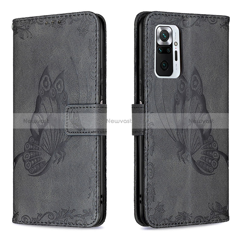 Leather Case Stands Butterfly Flip Cover Holder B02F for Xiaomi Redmi Note 10 Pro Max Black