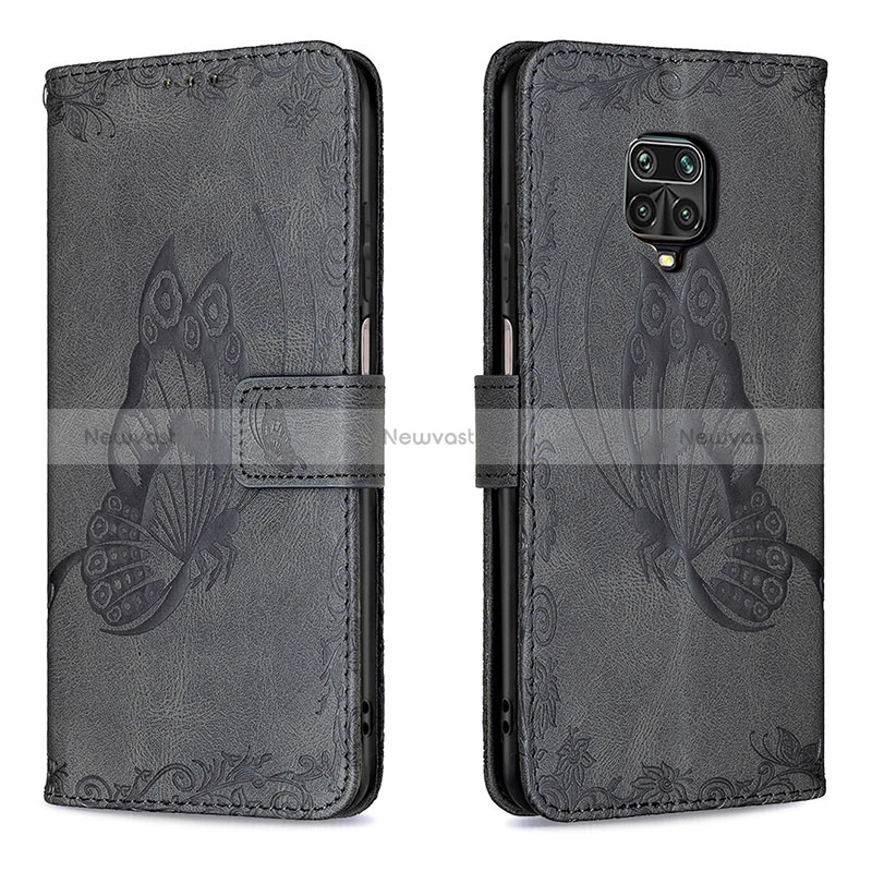 Leather Case Stands Butterfly Flip Cover Holder B02F for Xiaomi Redmi Note 9 Pro Black