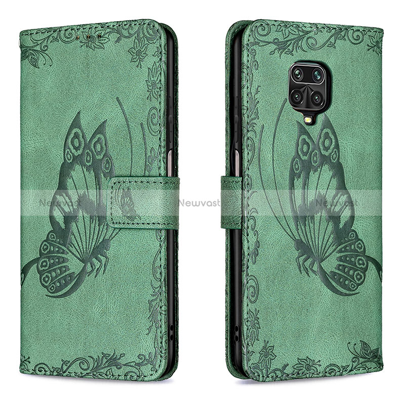 Leather Case Stands Butterfly Flip Cover Holder B02F for Xiaomi Redmi Note 9 Pro Green