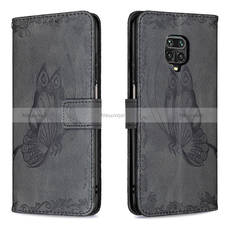 Leather Case Stands Butterfly Flip Cover Holder B02F for Xiaomi Redmi Note 9S Black