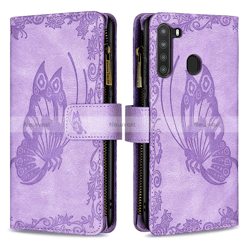 Leather Case Stands Butterfly Flip Cover Holder B03F for Samsung Galaxy A21 Clove Purple