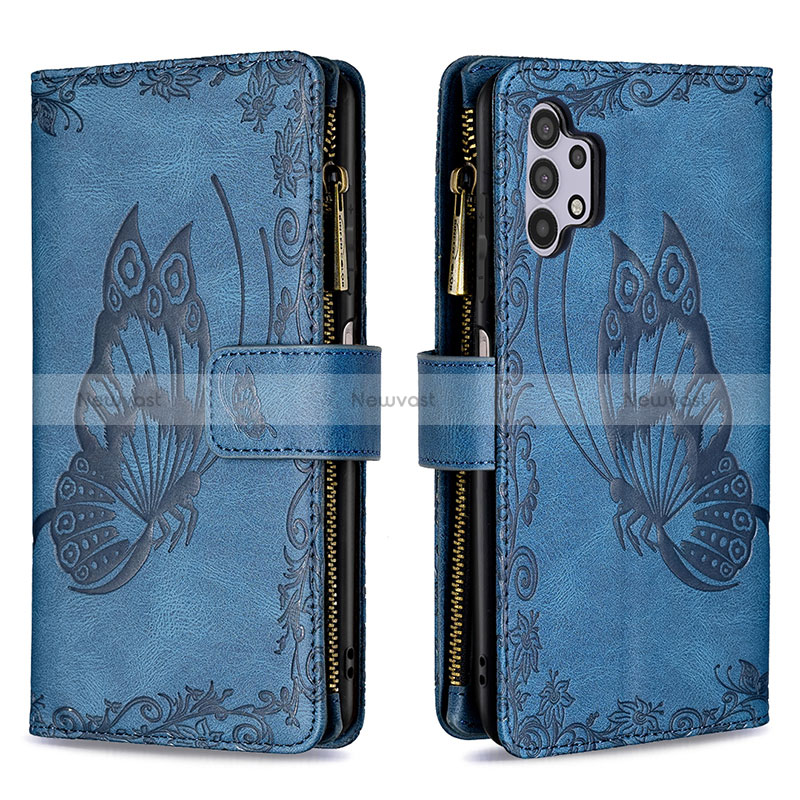 Leather Case Stands Butterfly Flip Cover Holder B03F for Samsung Galaxy A32 5G Blue