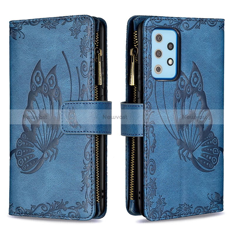 Leather Case Stands Butterfly Flip Cover Holder B03F for Samsung Galaxy A52 5G Blue