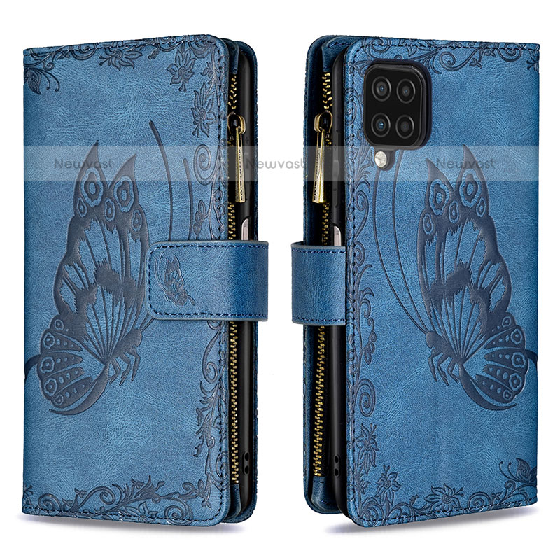 Leather Case Stands Butterfly Flip Cover Holder B03F for Samsung Galaxy F12 Blue