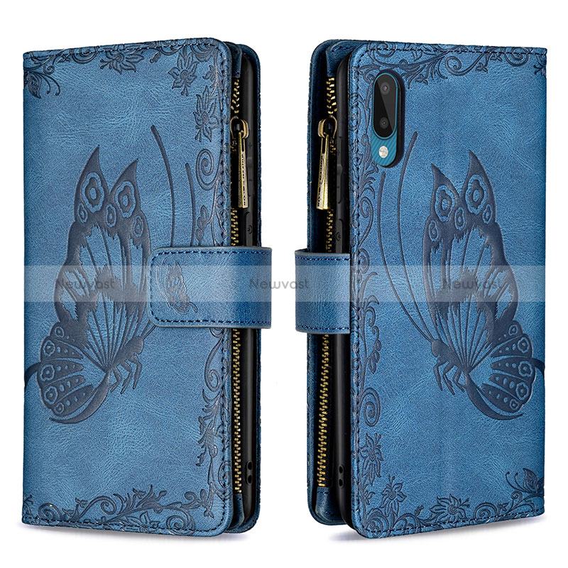 Leather Case Stands Butterfly Flip Cover Holder B03F for Samsung Galaxy M02 Blue