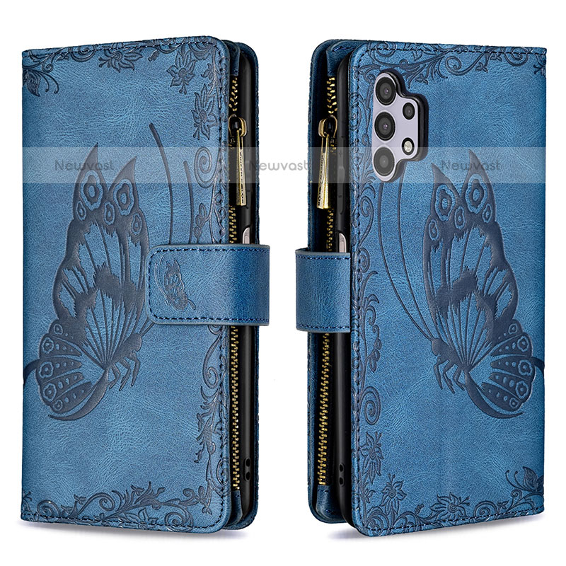 Leather Case Stands Butterfly Flip Cover Holder B03F for Samsung Galaxy M32 5G Blue