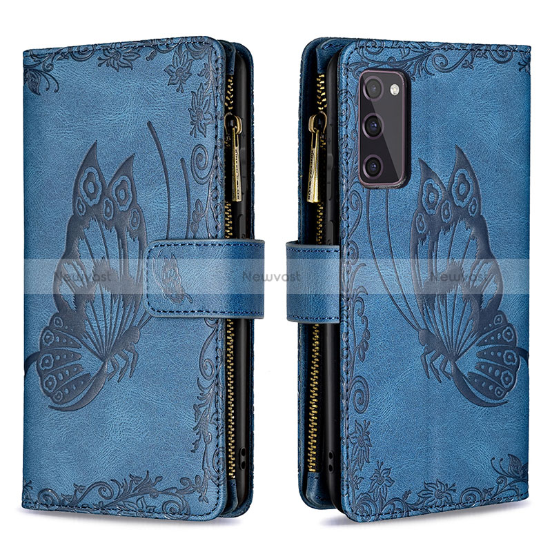 Leather Case Stands Butterfly Flip Cover Holder B03F for Samsung Galaxy S20 FE 4G Blue