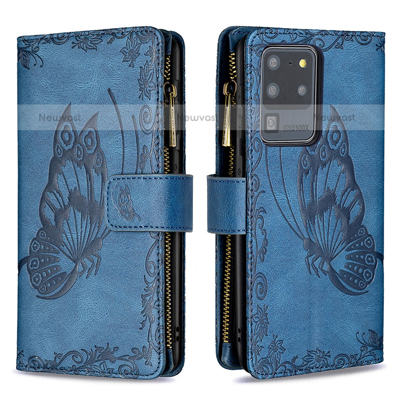 Leather Case Stands Butterfly Flip Cover Holder B03F for Samsung Galaxy S20 Ultra 5G Blue