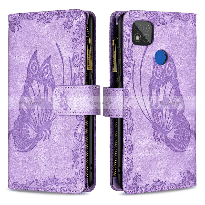 Leather Case Stands Butterfly Flip Cover Holder B03F for Xiaomi POCO C3 Clove Purple