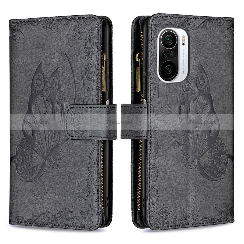 Leather Case Stands Butterfly Flip Cover Holder B03F for Xiaomi Poco F3 5G Black