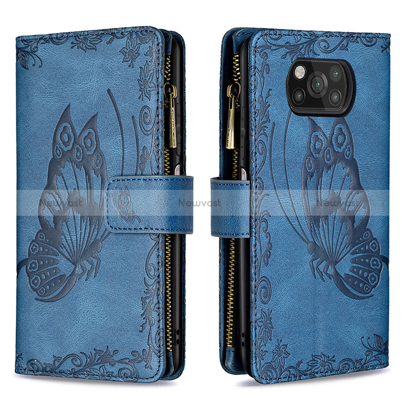 Leather Case Stands Butterfly Flip Cover Holder B03F for Xiaomi Poco X3 Pro Blue