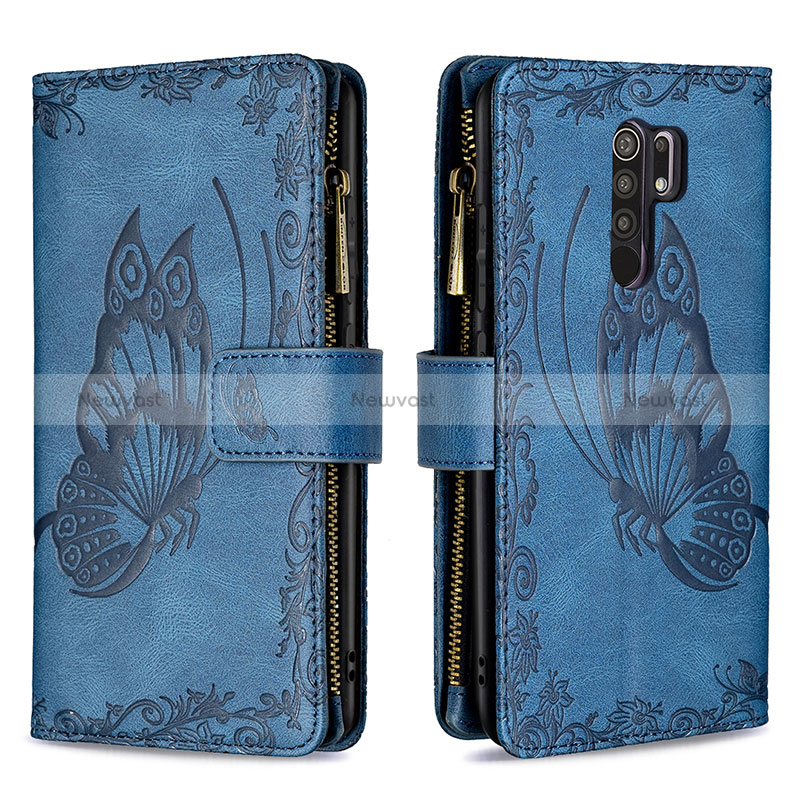 Leather Case Stands Butterfly Flip Cover Holder B03F for Xiaomi Redmi 9 Prime India Blue