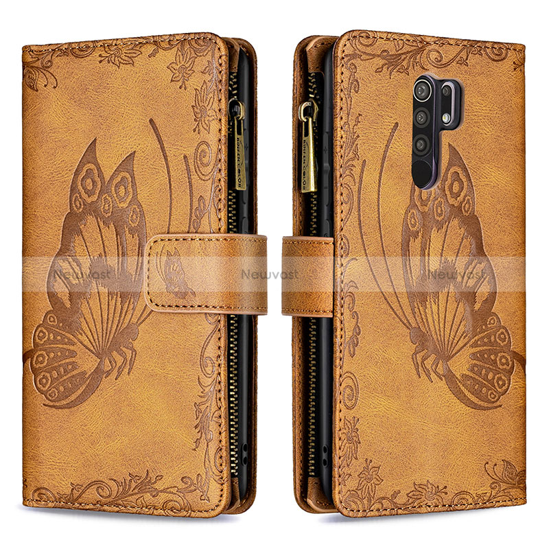 Leather Case Stands Butterfly Flip Cover Holder B03F for Xiaomi Redmi 9 Prime India Brown