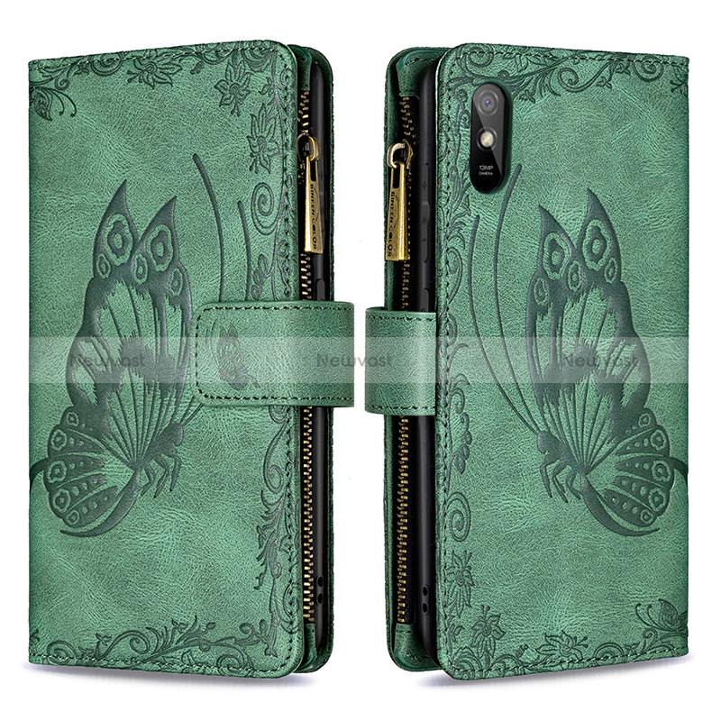 Leather Case Stands Butterfly Flip Cover Holder B03F for Xiaomi Redmi 9i Green