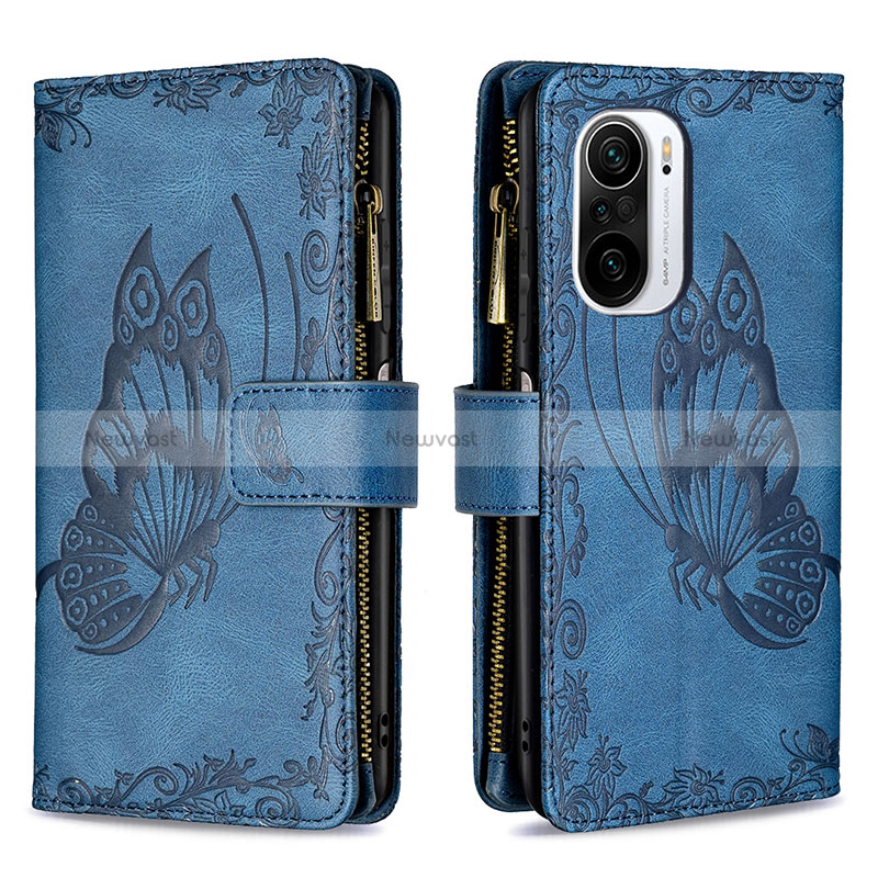 Leather Case Stands Butterfly Flip Cover Holder B03F for Xiaomi Redmi K40 5G Blue