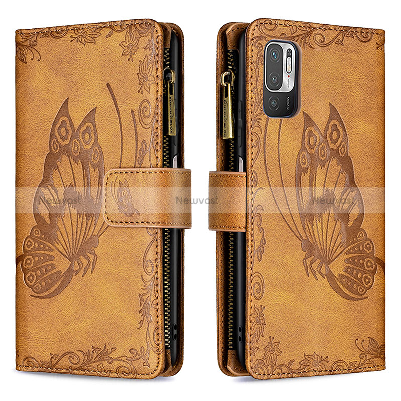 Leather Case Stands Butterfly Flip Cover Holder B03F for Xiaomi Redmi Note 10 5G Brown