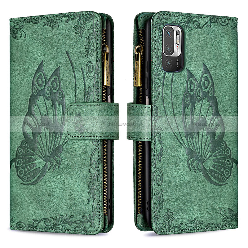 Leather Case Stands Butterfly Flip Cover Holder B03F for Xiaomi Redmi Note 10 5G Green