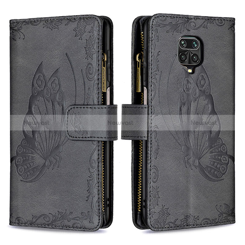 Leather Case Stands Butterfly Flip Cover Holder B03F for Xiaomi Redmi Note 9 Pro Max Black