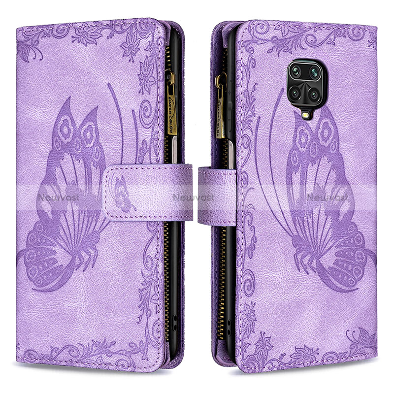 Leather Case Stands Butterfly Flip Cover Holder B03F for Xiaomi Redmi Note 9 Pro Max Clove Purple