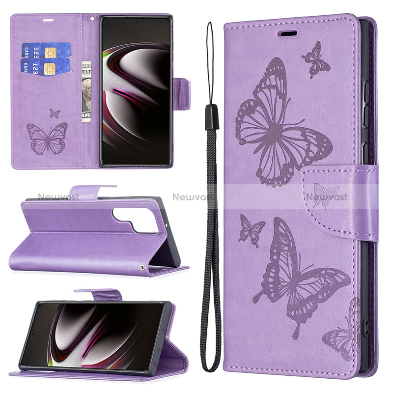 Leather Case Stands Butterfly Flip Cover Holder B13F for Samsung Galaxy S24 Ultra 5G