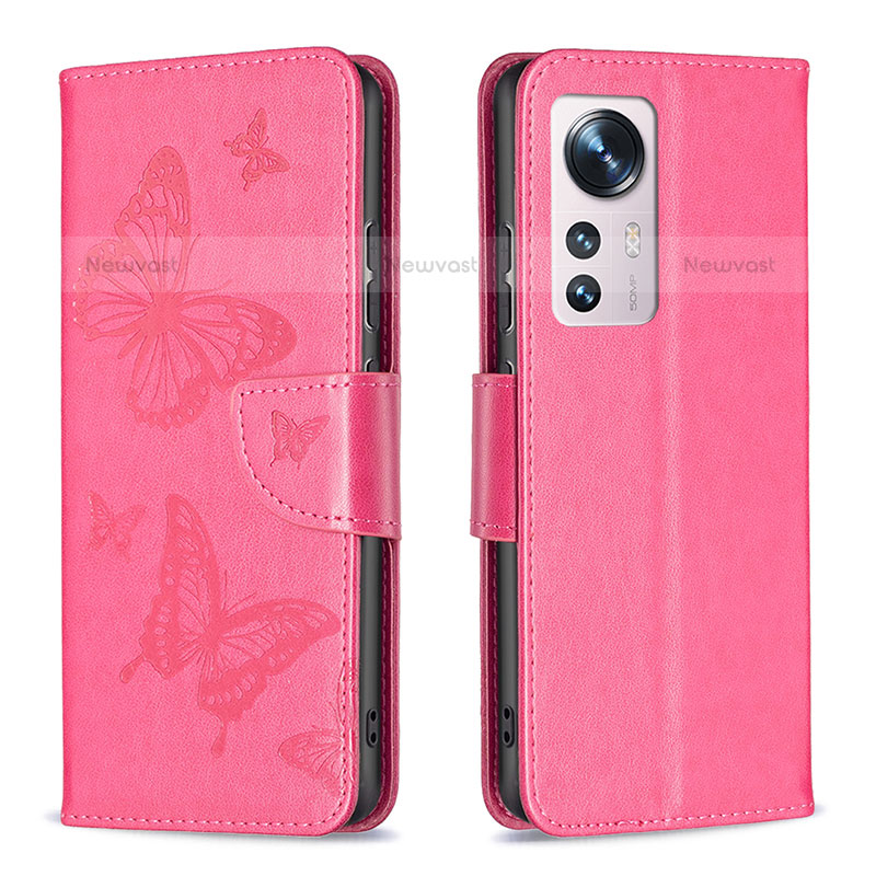 Leather Case Stands Butterfly Flip Cover Holder B13F for Xiaomi Mi 12S 5G Hot Pink