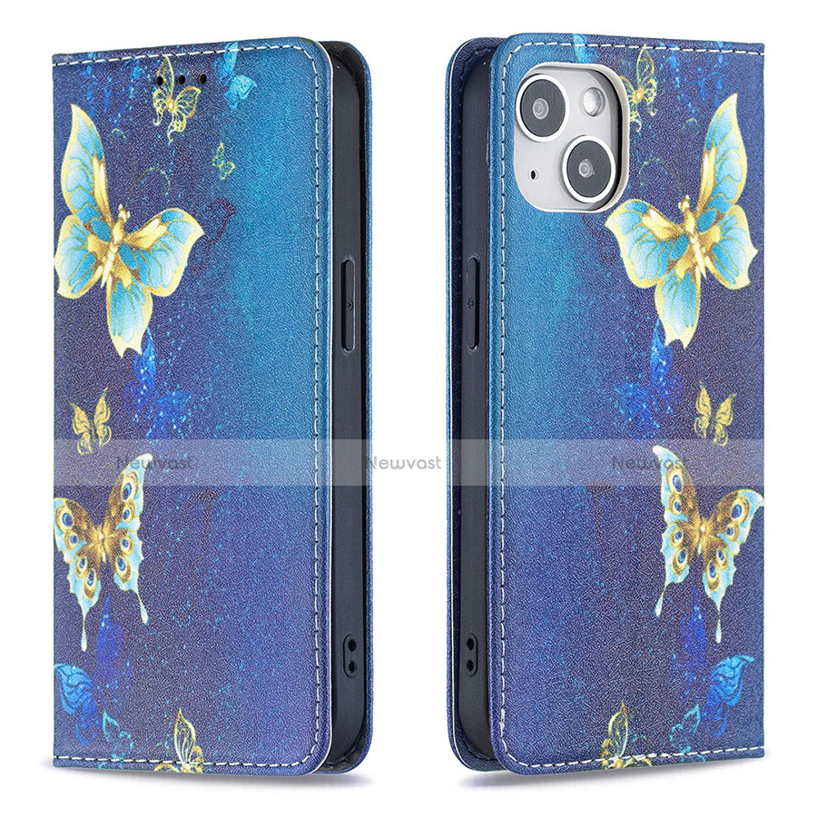 Leather Case Stands Butterfly Flip Cover Holder for Apple iPhone 14 Plus Blue