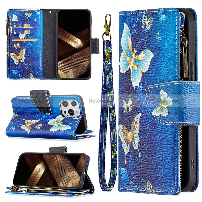 Leather Case Stands Butterfly Flip Cover Holder for Apple iPhone 14 Pro Max Blue