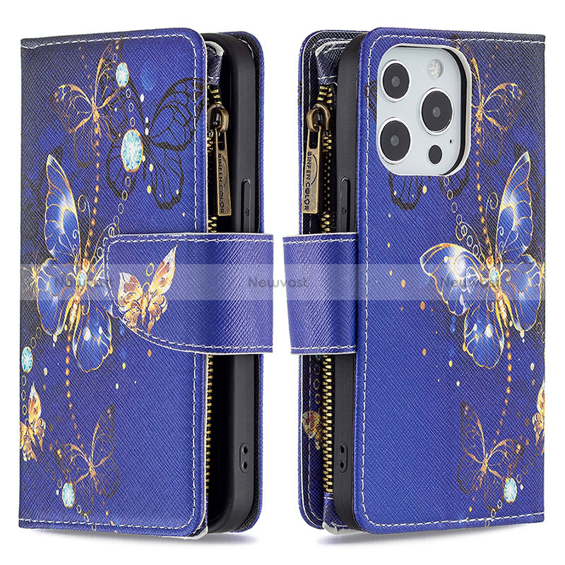 Leather Case Stands Butterfly Flip Cover Holder for Apple iPhone 14 Pro Max Navy Blue