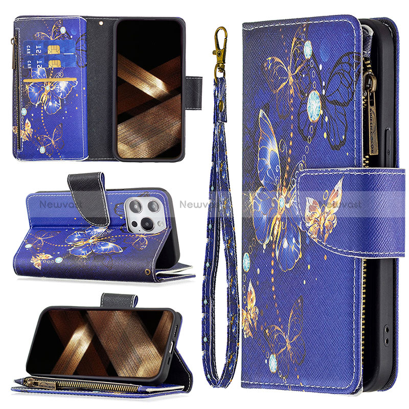 Leather Case Stands Butterfly Flip Cover Holder for Apple iPhone 14 Pro Max Navy Blue