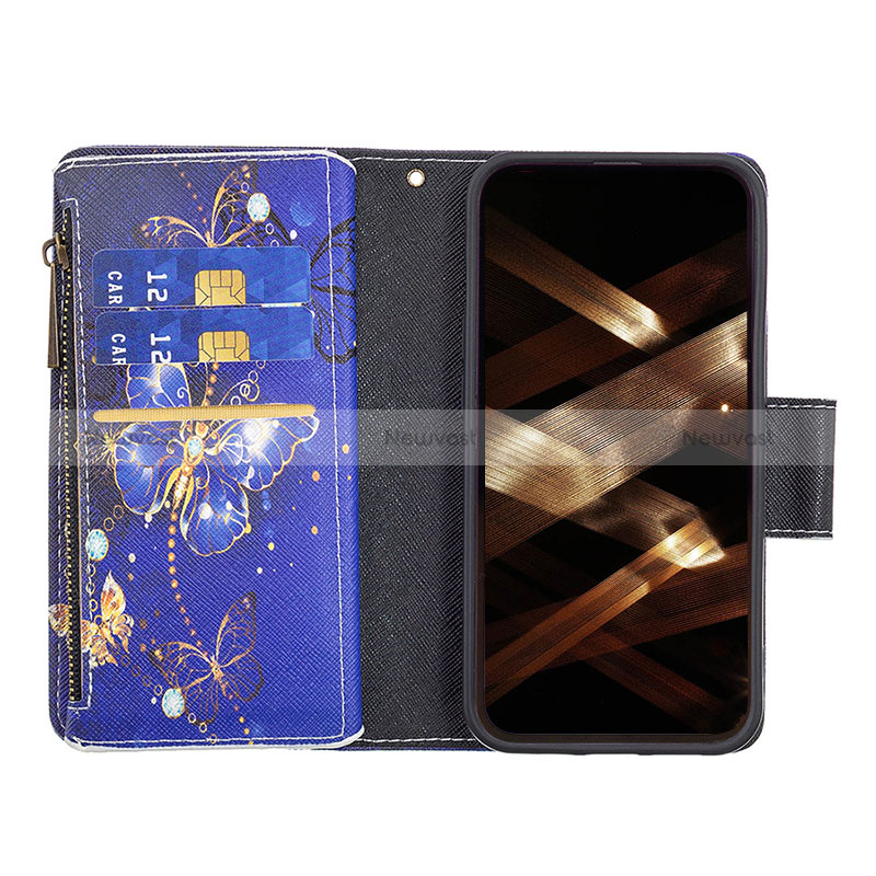 Leather Case Stands Butterfly Flip Cover Holder for Apple iPhone 14 Pro Max Navy Blue