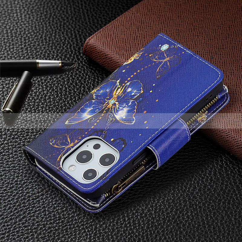 Leather Case Stands Butterfly Flip Cover Holder for Apple iPhone 14 Pro Max Navy Blue