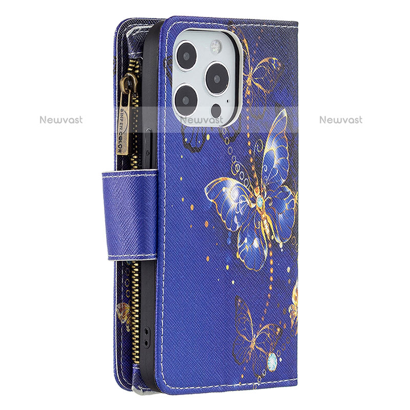 Leather Case Stands Butterfly Flip Cover Holder for Apple iPhone 14 Pro Navy Blue