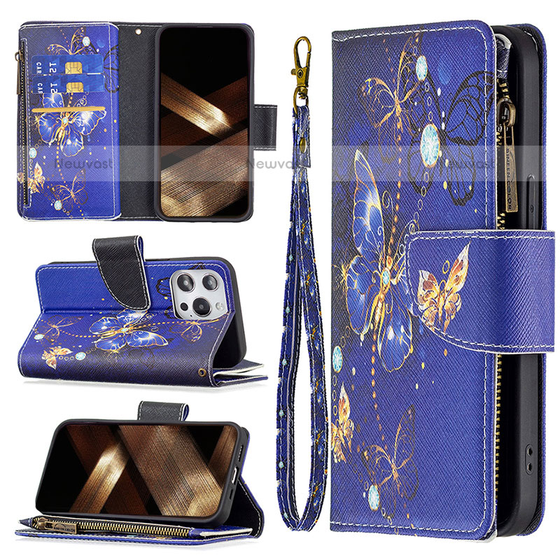 Leather Case Stands Butterfly Flip Cover Holder for Apple iPhone 14 Pro Navy Blue