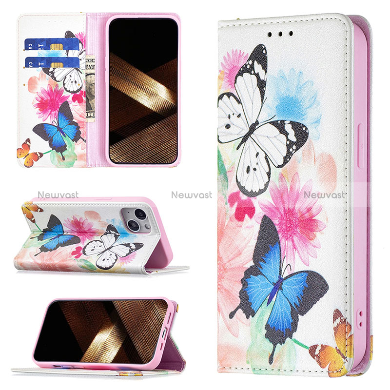 Leather Case Stands Butterfly Flip Cover Holder for Apple iPhone 15 Pink