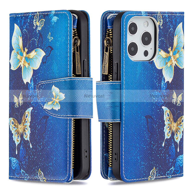 Leather Case Stands Butterfly Flip Cover Holder for Apple iPhone 15 Pro Blue