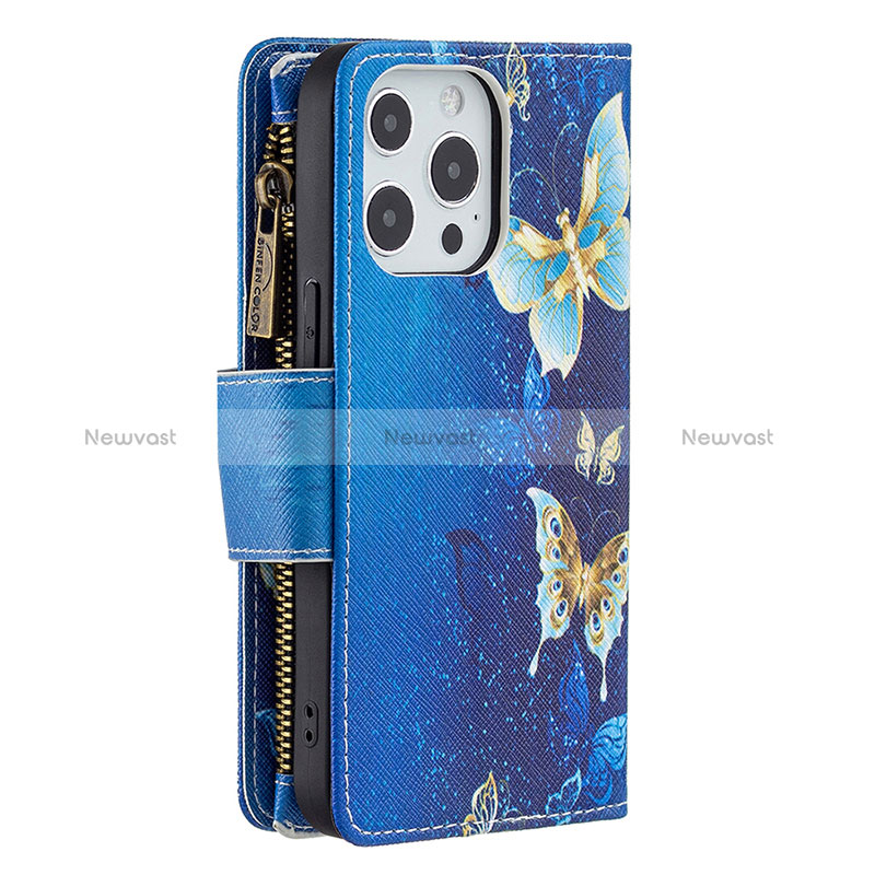 Leather Case Stands Butterfly Flip Cover Holder for Apple iPhone 15 Pro Blue